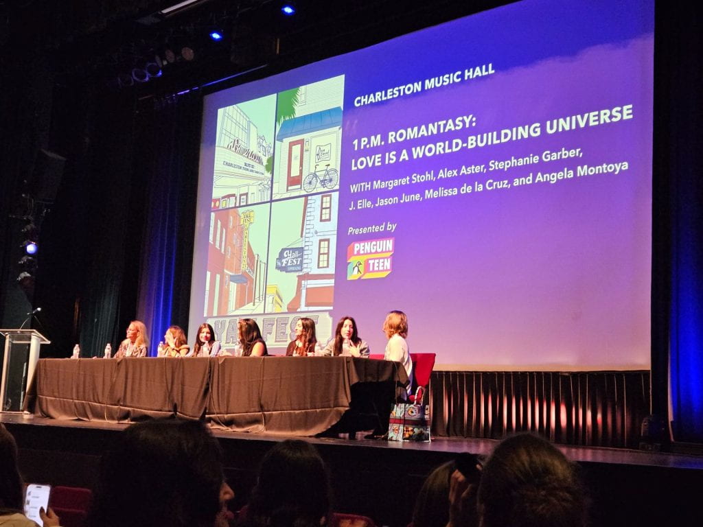 This is a picture of authors Margaret Stohl, Melissa de la Cruz, Alex Aster, J. Elle, Angela Montoya, Stephanie Garber, and Jason June.