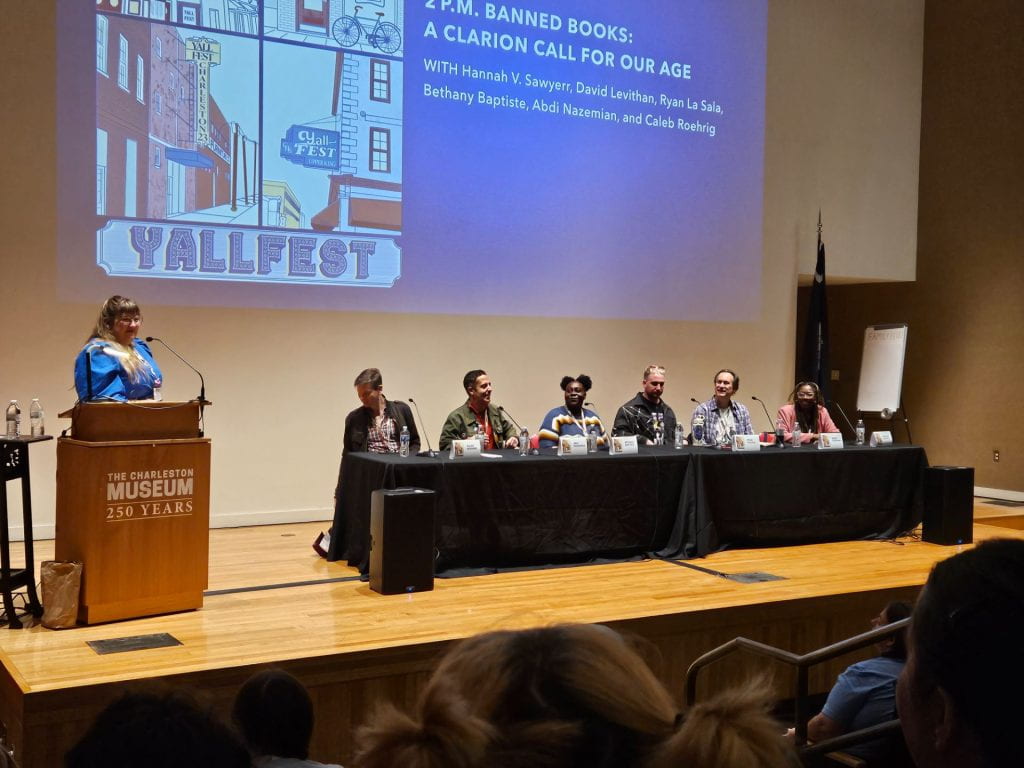 This is a picture of Chicago media specialist and authors Caleb Roehrig, Abdi Nazemian, Bethany Baptiste, Ryan La Sala, David Levithan, and Hannah Sawyerr.