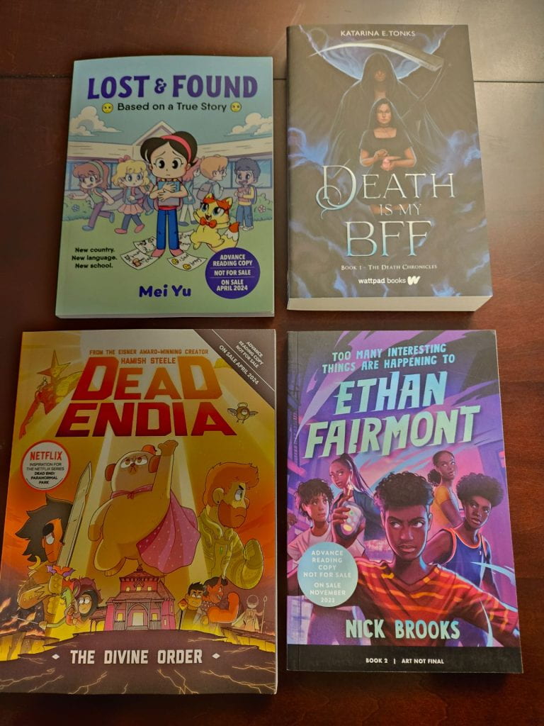 Covers of Lost & Found by Mei Yu, Death Is My BFF by Katarina Tonks, Dead Endia The Divine Order by Hamish Steele, and Ethan Fairmont by Nick Brooks